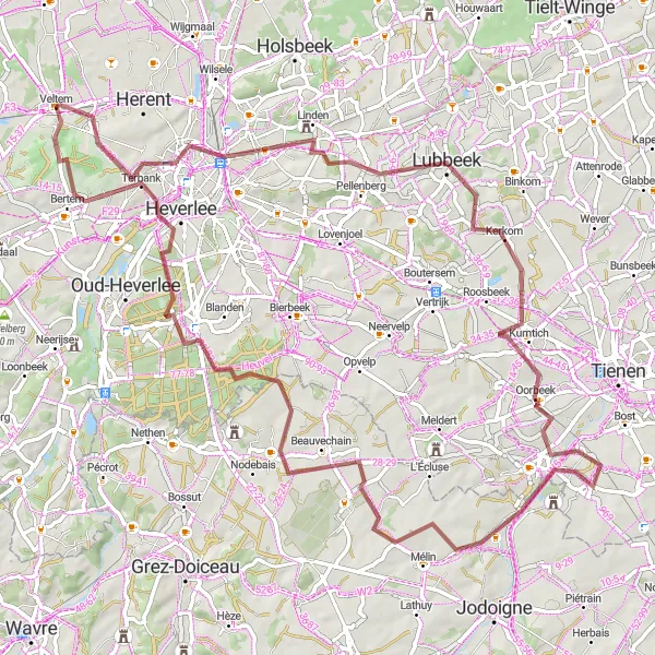 Miniature de la carte de l'inspiration cycliste "Le Tour de Hoegaarden" dans la Prov. Vlaams-Brabant, Belgium. Générée par le planificateur d'itinéraire cycliste Tarmacs.app