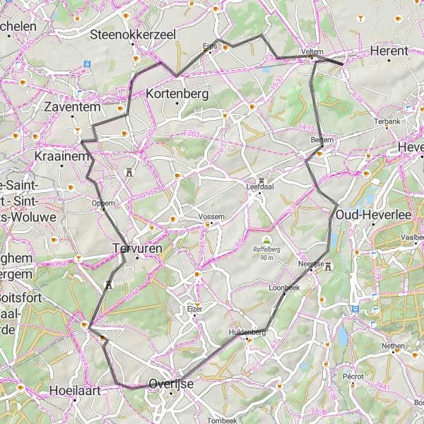 Miniature de la carte de l'inspiration cycliste "Balade à vélo à travers la Campagne de Brabant" dans la Prov. Vlaams-Brabant, Belgium. Générée par le planificateur d'itinéraire cycliste Tarmacs.app