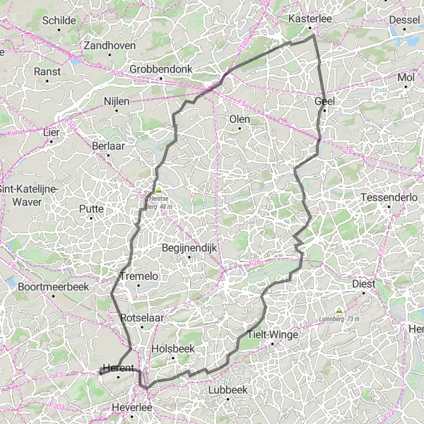 Map miniature of "Scenic Road Ride through Heist-op-den-Berg to Winksele" cycling inspiration in Prov. Vlaams-Brabant, Belgium. Generated by Tarmacs.app cycling route planner