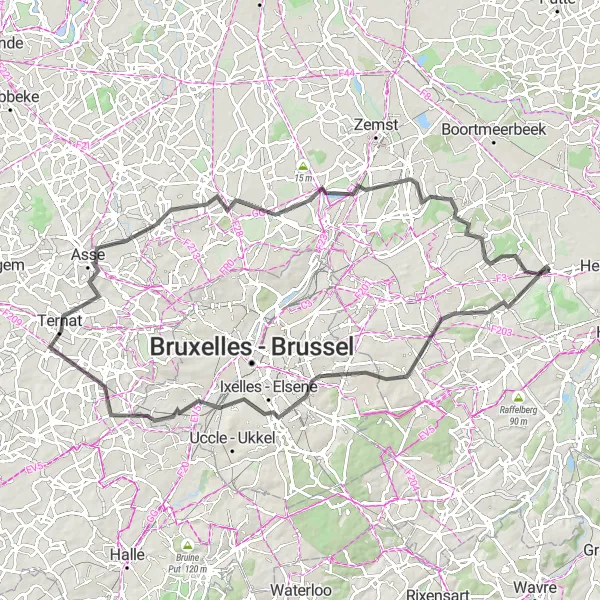 Map miniature of "Road Cycling Adventure from Winksele to Elewijt" cycling inspiration in Prov. Vlaams-Brabant, Belgium. Generated by Tarmacs.app cycling route planner