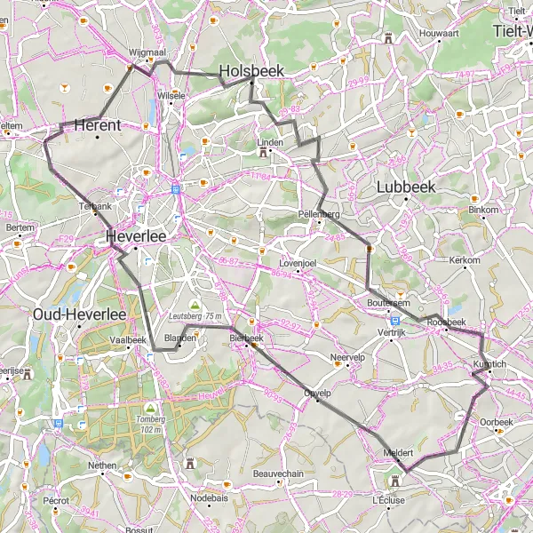 Miniature de la carte de l'inspiration cycliste "L'Escapade Holsbeek-Opvelp" dans la Prov. Vlaams-Brabant, Belgium. Générée par le planificateur d'itinéraire cycliste Tarmacs.app