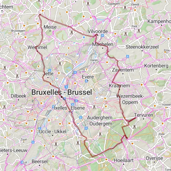 Karten-Miniaturansicht der Radinspiration "Gravelradtour durch Machelen und Ixelles" in Prov. Vlaams-Brabant, Belgium. Erstellt vom Tarmacs.app-Routenplaner für Radtouren