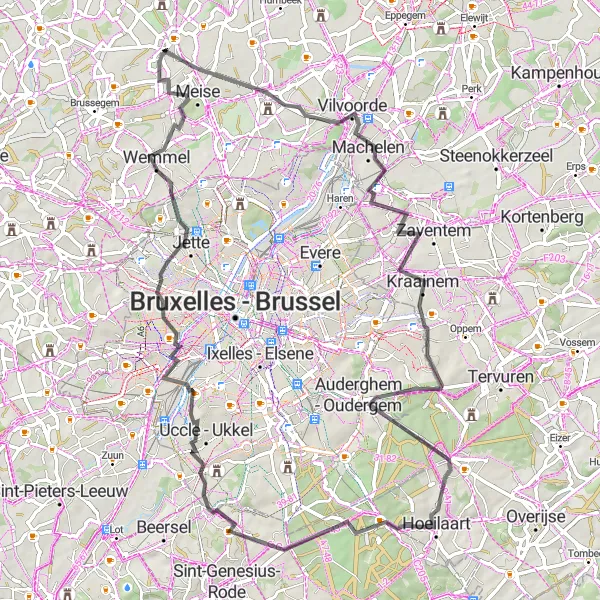Map miniature of "Challenging Road Cycling Route in Vlaams-Brabant" cycling inspiration in Prov. Vlaams-Brabant, Belgium. Generated by Tarmacs.app cycling route planner