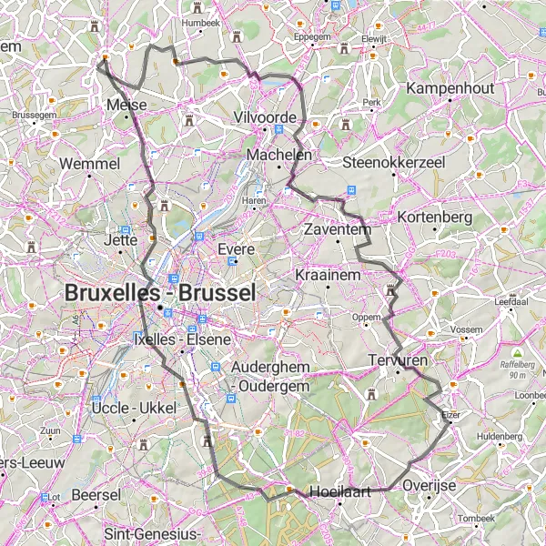 Karten-Miniaturansicht der Radinspiration "Road-Tour durch die Umgebung von Wolvertem" in Prov. Vlaams-Brabant, Belgium. Erstellt vom Tarmacs.app-Routenplaner für Radtouren