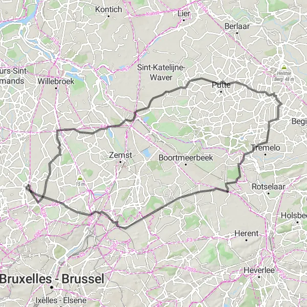 Map miniature of "Vlaams-Brabant Road Cycling Route" cycling inspiration in Prov. Vlaams-Brabant, Belgium. Generated by Tarmacs.app cycling route planner
