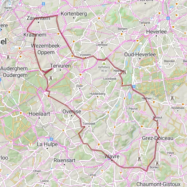 Karten-Miniaturansicht der Radinspiration "Abenteuerliche Gravelrunde von Zaventem nach Kraainem" in Prov. Vlaams-Brabant, Belgium. Erstellt vom Tarmacs.app-Routenplaner für Radtouren