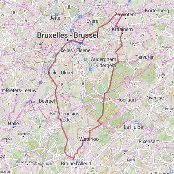 Miniature de la carte de l'inspiration cycliste "Parcours tout-terrain autour de Zaventem à Waterloo" dans la Prov. Vlaams-Brabant, Belgium. Générée par le planificateur d'itinéraire cycliste Tarmacs.app