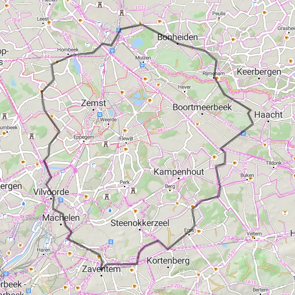 Miniatuurkaart van de fietsinspiratie "Wegroute langs Mechelen en omgeving" in Prov. Vlaams-Brabant, Belgium. Gemaakt door de Tarmacs.app fietsrouteplanner