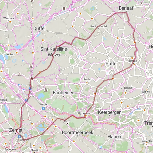 Miniatuurkaart van de fietsinspiratie "Graveltocht door Mechelen en Rijmenam" in Prov. Vlaams-Brabant, Belgium. Gemaakt door de Tarmacs.app fietsrouteplanner