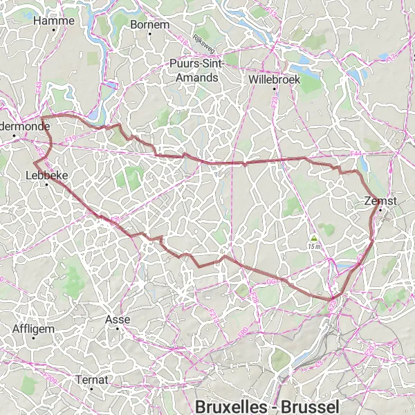 Miniature de la carte de l'inspiration cycliste "Randonnée gravel autour de Zemst" dans la Prov. Vlaams-Brabant, Belgium. Générée par le planificateur d'itinéraire cycliste Tarmacs.app