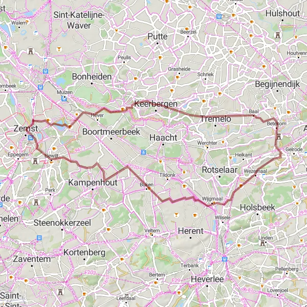 Map miniature of "Zemst Gravel Adventure" cycling inspiration in Prov. Vlaams-Brabant, Belgium. Generated by Tarmacs.app cycling route planner