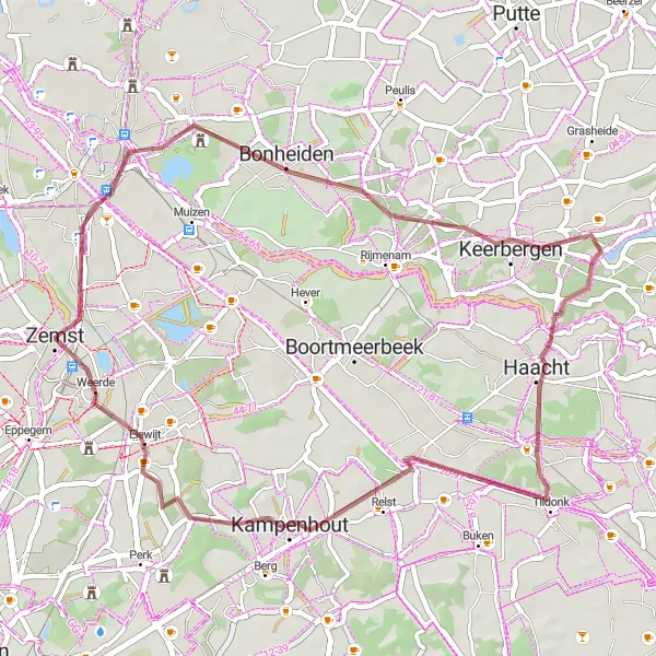 Map miniature of "Scenic Gravel Ride through Bonheiden and Kampenhout" cycling inspiration in Prov. Vlaams-Brabant, Belgium. Generated by Tarmacs.app cycling route planner