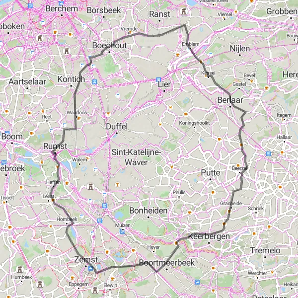 Miniature de la carte de l'inspiration cycliste "La Grande Boucle de Zemst" dans la Prov. Vlaams-Brabant, Belgium. Générée par le planificateur d'itinéraire cycliste Tarmacs.app