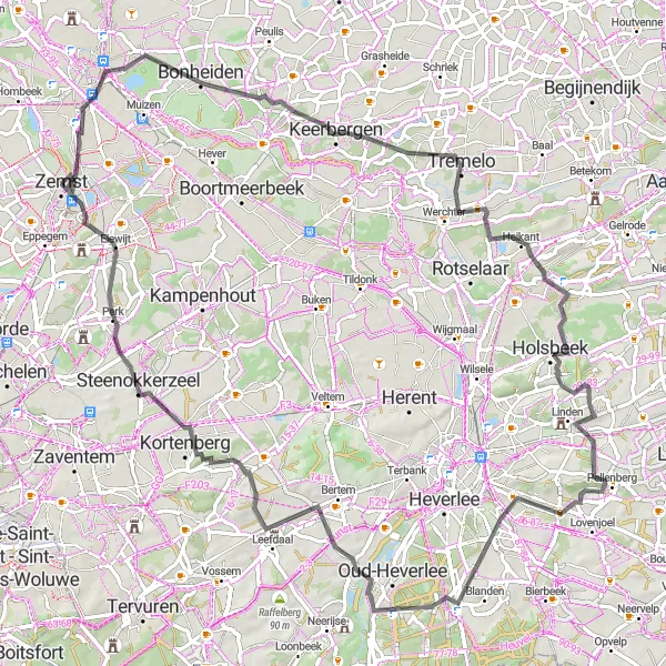 Miniatuurkaart van de fietsinspiratie "Historische route via Keerbergen en Kortenberg" in Prov. Vlaams-Brabant, Belgium. Gemaakt door de Tarmacs.app fietsrouteplanner