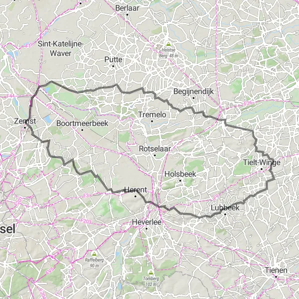 Map miniature of "Picturesque Cycling Loop around Zemst" cycling inspiration in Prov. Vlaams-Brabant, Belgium. Generated by Tarmacs.app cycling route planner