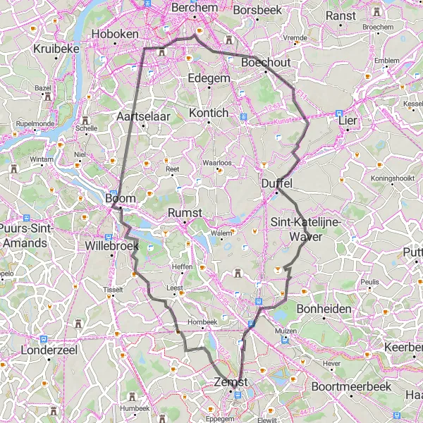 Map miniature of "Zemst Coastal Route" cycling inspiration in Prov. Vlaams-Brabant, Belgium. Generated by Tarmacs.app cycling route planner