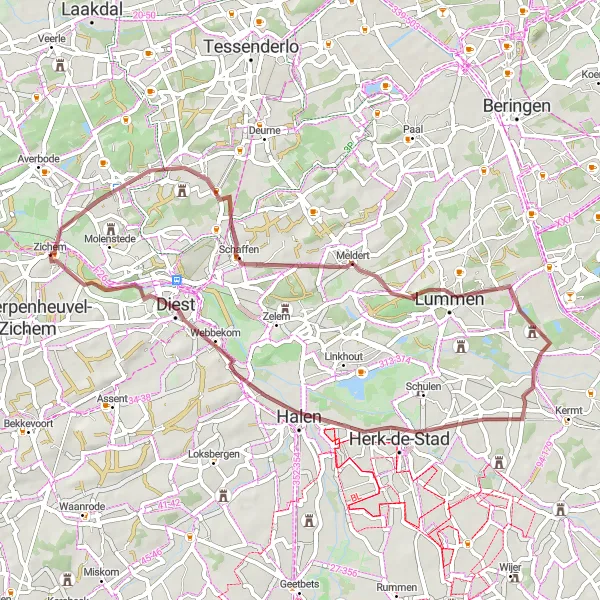 Map miniature of "Engsbergen and Diest Loop" cycling inspiration in Prov. Vlaams-Brabant, Belgium. Generated by Tarmacs.app cycling route planner