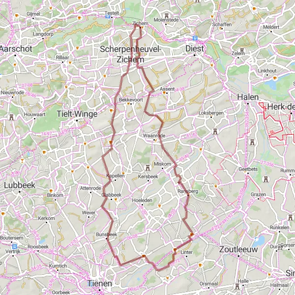 Karten-Miniaturansicht der Radinspiration "Gravelabenteuer rund um Zichem" in Prov. Vlaams-Brabant, Belgium. Erstellt vom Tarmacs.app-Routenplaner für Radtouren