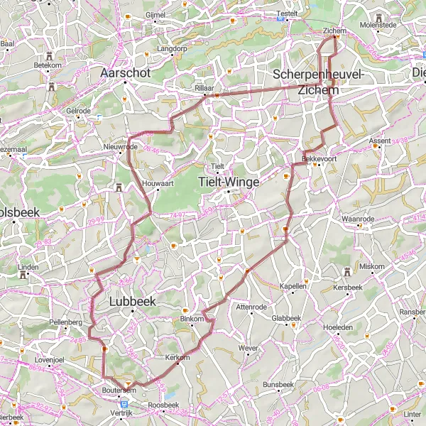 Miniatuurkaart van de fietsinspiratie "Korte gravelroute van Zichem naar Scherpenheuvel-Zichem" in Prov. Vlaams-Brabant, Belgium. Gemaakt door de Tarmacs.app fietsrouteplanner