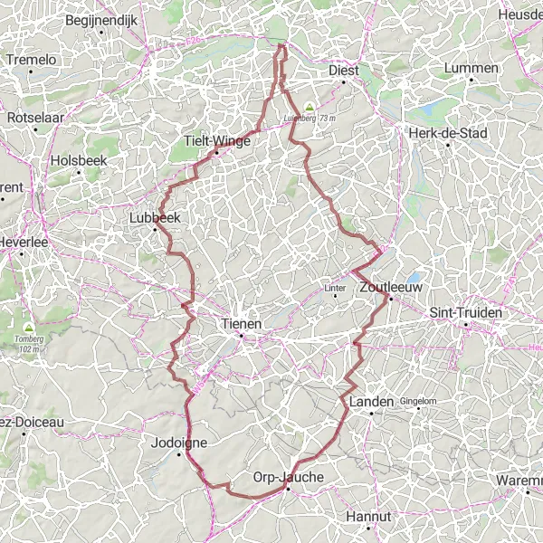Miniature de la carte de l'inspiration cycliste "La boucle de Scherpenheuvel-Zichem" dans la Prov. Vlaams-Brabant, Belgium. Générée par le planificateur d'itinéraire cycliste Tarmacs.app