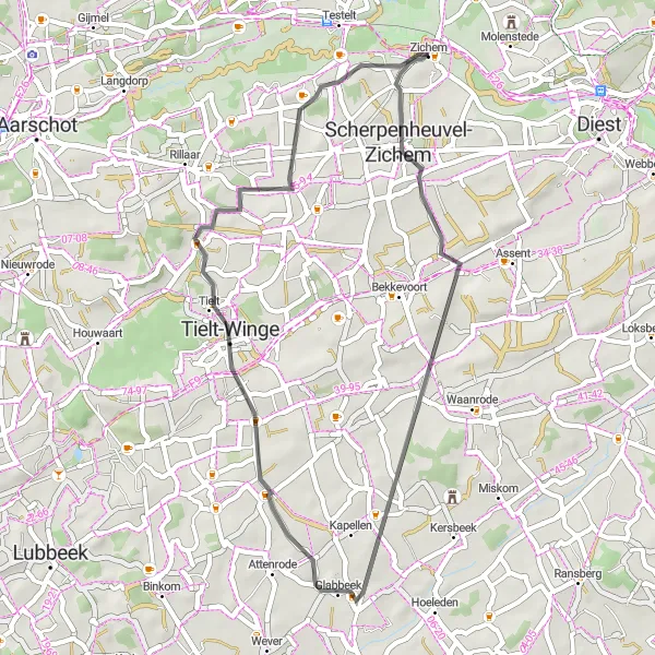 Miniatuurkaart van de fietsinspiratie "Wegroute naar Glabbeek en Messelbroek" in Prov. Vlaams-Brabant, Belgium. Gemaakt door de Tarmacs.app fietsrouteplanner