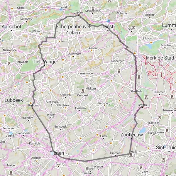 Karten-Miniaturansicht der Radinspiration "Rundfahrt durch Zelk und Tielt-Winge" in Prov. Vlaams-Brabant, Belgium. Erstellt vom Tarmacs.app-Routenplaner für Radtouren