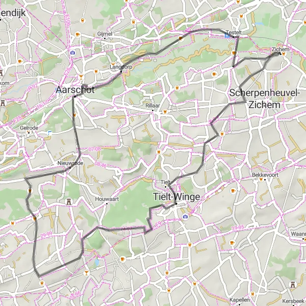 Map miniature of "Tielt-Winge and Langdorp Loop" cycling inspiration in Prov. Vlaams-Brabant, Belgium. Generated by Tarmacs.app cycling route planner