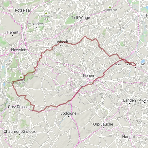 Map miniature of "Breathtaking Gravel Adventure" cycling inspiration in Prov. Vlaams-Brabant, Belgium. Generated by Tarmacs.app cycling route planner