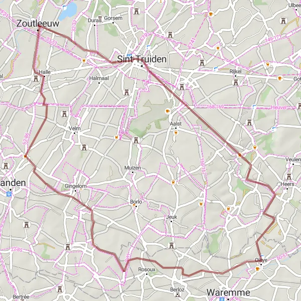 Map miniature of "Zoutleeuw Gravel Adventure" cycling inspiration in Prov. Vlaams-Brabant, Belgium. Generated by Tarmacs.app cycling route planner