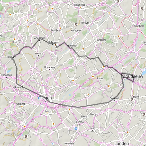 Miniatuurkaart van de fietsinspiratie "Tocht via Helen, Tienen, Glabbeek en Zoutleeuw" in Prov. Vlaams-Brabant, Belgium. Gemaakt door de Tarmacs.app fietsrouteplanner