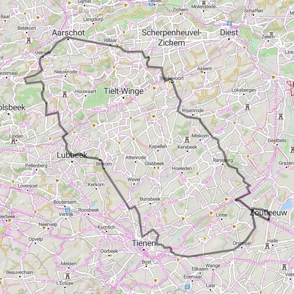 Karten-Miniaturansicht der Radinspiration "Rennradtour Helen-Vissenaken-Beninksberg-Gelrode-Bekkevoort-Zoutleeuw" in Prov. Vlaams-Brabant, Belgium. Erstellt vom Tarmacs.app-Routenplaner für Radtouren