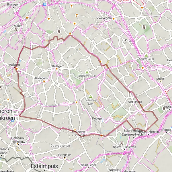 Map miniature of "Gravel Ride to Helkijn and Luingne" cycling inspiration in Prov. West-Vlaanderen, Belgium. Generated by Tarmacs.app cycling route planner
