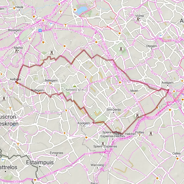 Miniatuurkaart van de fietsinspiratie "Gravelroute van Aalbeke naar Rollegem" in Prov. West-Vlaanderen, Belgium. Gemaakt door de Tarmacs.app fietsrouteplanner