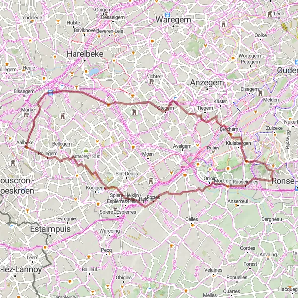 Map miniature of "Gravel Adventure to Ingooigem and Geitenberg" cycling inspiration in Prov. West-Vlaanderen, Belgium. Generated by Tarmacs.app cycling route planner