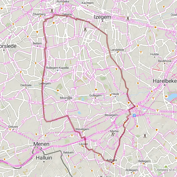 Miniatuurkaart van de fietsinspiratie "Gravelroute rond Aalbeke en omgeving" in Prov. West-Vlaanderen, Belgium. Gemaakt door de Tarmacs.app fietsrouteplanner