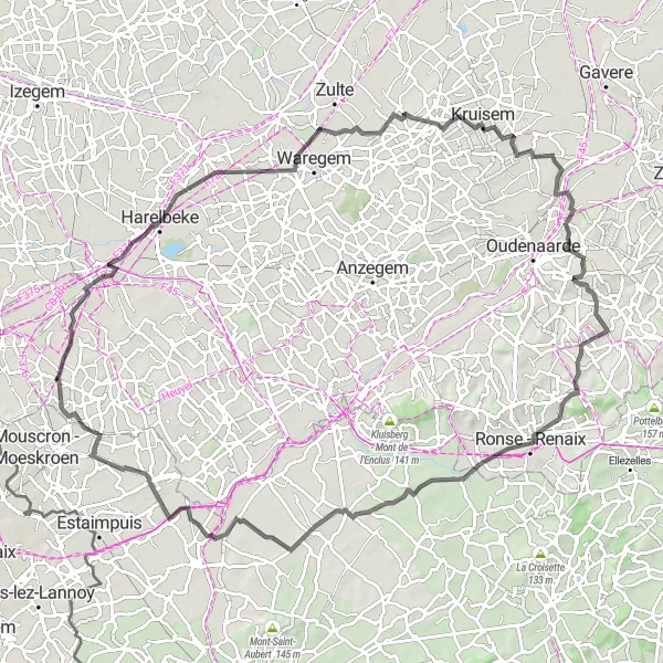 Miniatuurkaart van de fietsinspiratie "Uitdagende fietsroute van Aalbeke naar Dottignies" in Prov. West-Vlaanderen, Belgium. Gemaakt door de Tarmacs.app fietsrouteplanner