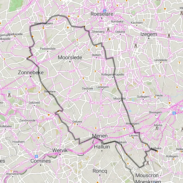 Miniatuurkaart van de fietsinspiratie "Rondrit vanuit Aalbeke via Stadspark Bois de Boulogne en Zeugeberg" in Prov. West-Vlaanderen, Belgium. Gemaakt door de Tarmacs.app fietsrouteplanner