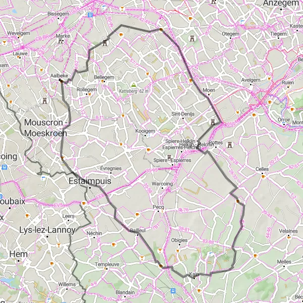Miniatuurkaart van de fietsinspiratie "Wegroute van Aalbeke naar Luingne- Lowingen" in Prov. West-Vlaanderen, Belgium. Gemaakt door de Tarmacs.app fietsrouteplanner