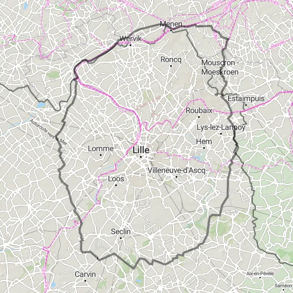 Miniature de la carte de l'inspiration cycliste "Le Tour des Vallons Flamands" dans la Prov. West-Vlaanderen, Belgium. Générée par le planificateur d'itinéraire cycliste Tarmacs.app