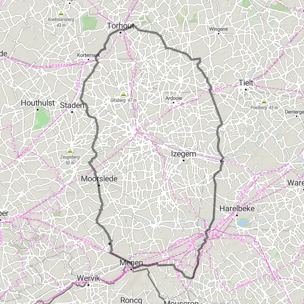 Miniature de la carte de l'inspiration cycliste "Le Circuit des Châteaux Flandriens" dans la Prov. West-Vlaanderen, Belgium. Générée par le planificateur d'itinéraire cycliste Tarmacs.app