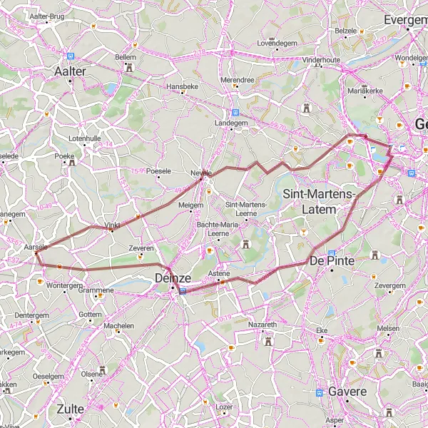 Miniatuurkaart van de fietsinspiratie "Grindpaden van Aarsele naar Deinze" in Prov. West-Vlaanderen, Belgium. Gemaakt door de Tarmacs.app fietsrouteplanner