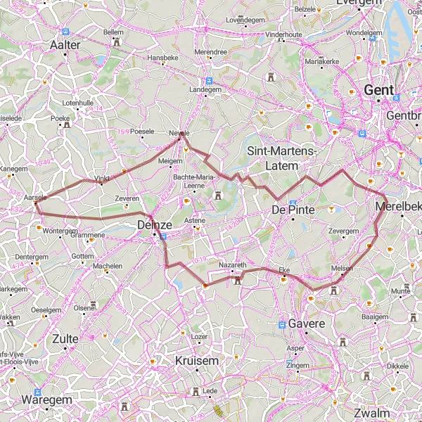 Map miniature of "Exploring the Gravel Trails of Nevele and Nazareth" cycling inspiration in Prov. West-Vlaanderen, Belgium. Generated by Tarmacs.app cycling route planner