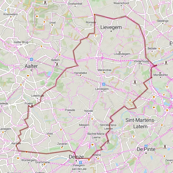 Karten-Miniaturansicht der Radinspiration "Gravel-Rundfahrt von Aarsele nach Zeveren" in Prov. West-Vlaanderen, Belgium. Erstellt vom Tarmacs.app-Routenplaner für Radtouren