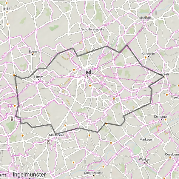 Karten-Miniaturansicht der Radinspiration "Kleine Runde durch Meulebeke und Pittem" in Prov. West-Vlaanderen, Belgium. Erstellt vom Tarmacs.app-Routenplaner für Radtouren