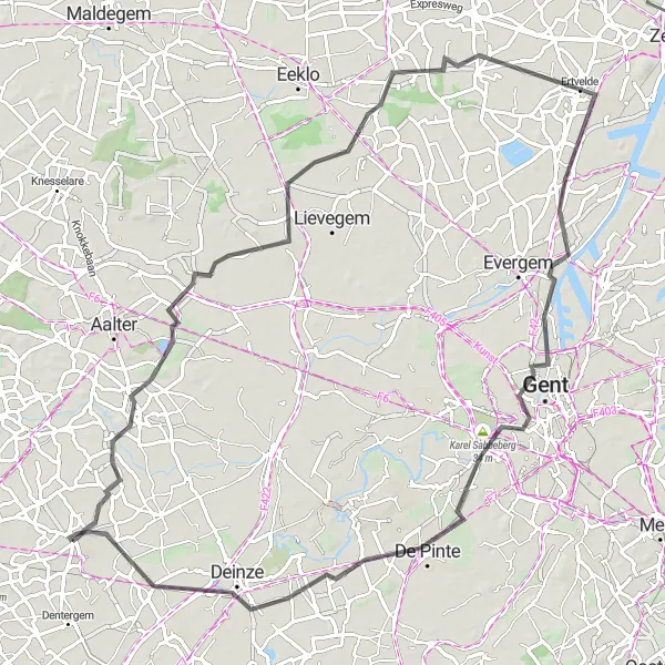 Karten-Miniaturansicht der Radinspiration "Rund um Aarsele und De Pinte" in Prov. West-Vlaanderen, Belgium. Erstellt vom Tarmacs.app-Routenplaner für Radtouren