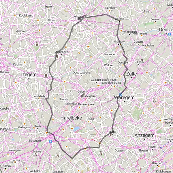 Map miniature of "Cycling through Dentergem and Tielt" cycling inspiration in Prov. West-Vlaanderen, Belgium. Generated by Tarmacs.app cycling route planner