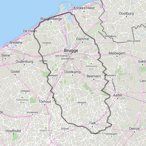 Karten-Miniaturansicht der Radinspiration "Radtour zum Poelberg und Ruiselede" in Prov. West-Vlaanderen, Belgium. Erstellt vom Tarmacs.app-Routenplaner für Radtouren