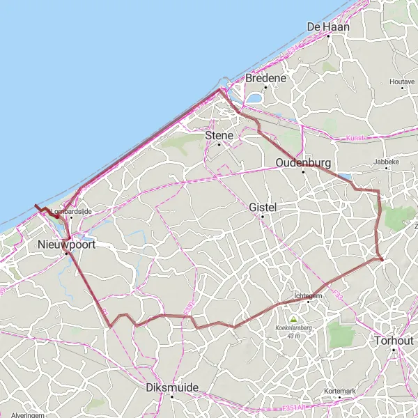 Map miniature of "Off-the-Beaten-Path Gravel Adventure" cycling inspiration in Prov. West-Vlaanderen, Belgium. Generated by Tarmacs.app cycling route planner