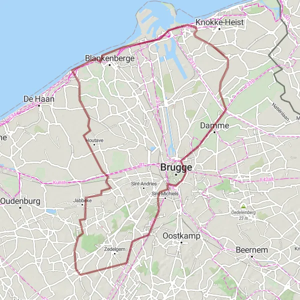 Karten-Miniaturansicht der Radinspiration "Gravel Pfad durch Jabbeke nach Loppem" in Prov. West-Vlaanderen, Belgium. Erstellt vom Tarmacs.app-Routenplaner für Radtouren