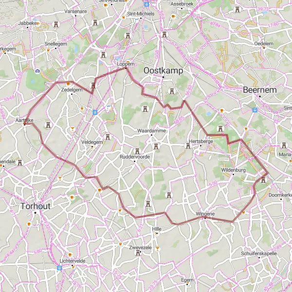 Map miniature of "Gravel Adventure in the Heart of West-Vlaanderen" cycling inspiration in Prov. West-Vlaanderen, Belgium. Generated by Tarmacs.app cycling route planner